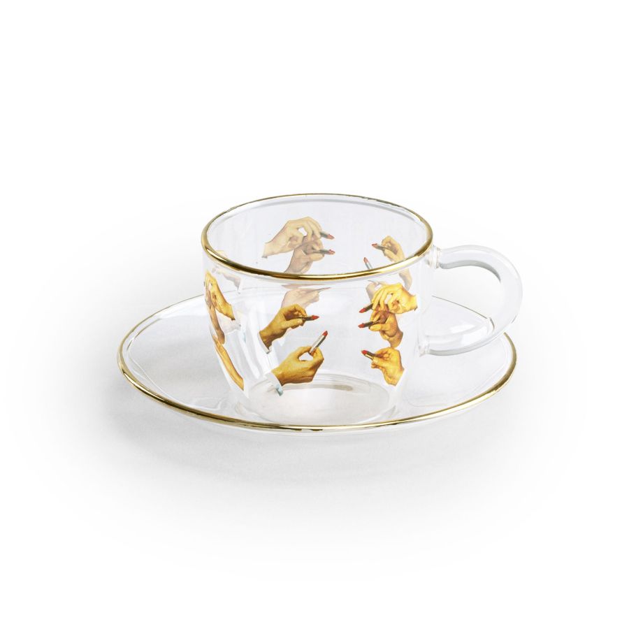 Borosilicate Glass coffee cup & saucer Lipsticks by Seletti