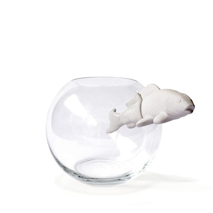 NO LIMIT Mouth-blown glass vase with enamelled porcelain fish by Roche Bobois #White