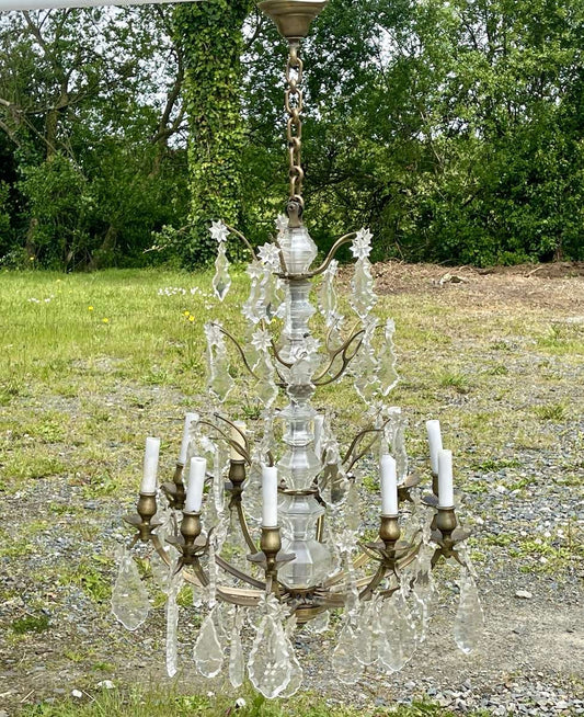 10-Light Chandelier in Bronze and Cut Crystal, Early 20th Century