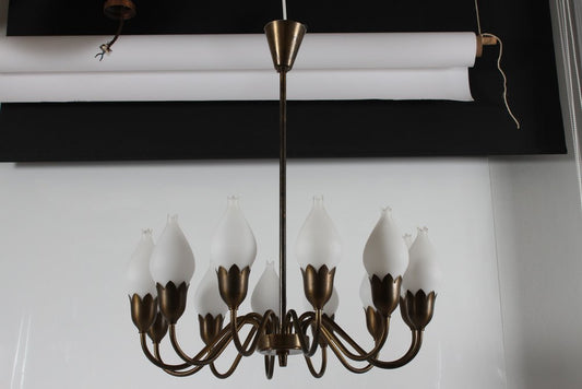 12-Armed Tulip Chandelier in Brass & Hand-Blown Glass from Fog & Mørup, Denmark, 1950s