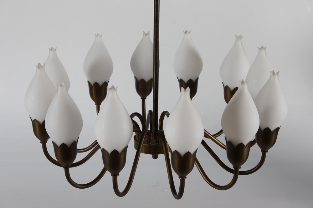 12-Armed Tulip Chandelier in Brass & Hand-Blown Glass from Fog & Mørup, Denmark, 1950s