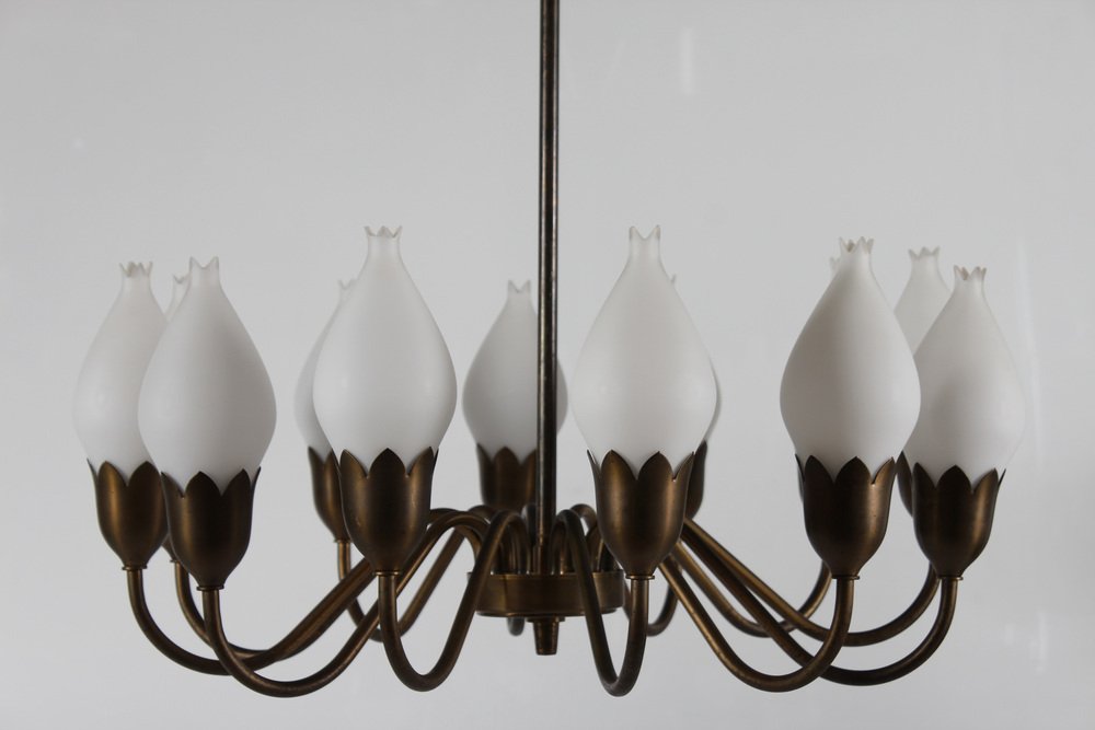 12-Armed Tulip Chandelier in Brass & Hand-Blown Glass from Fog & Mørup, Denmark, 1950s