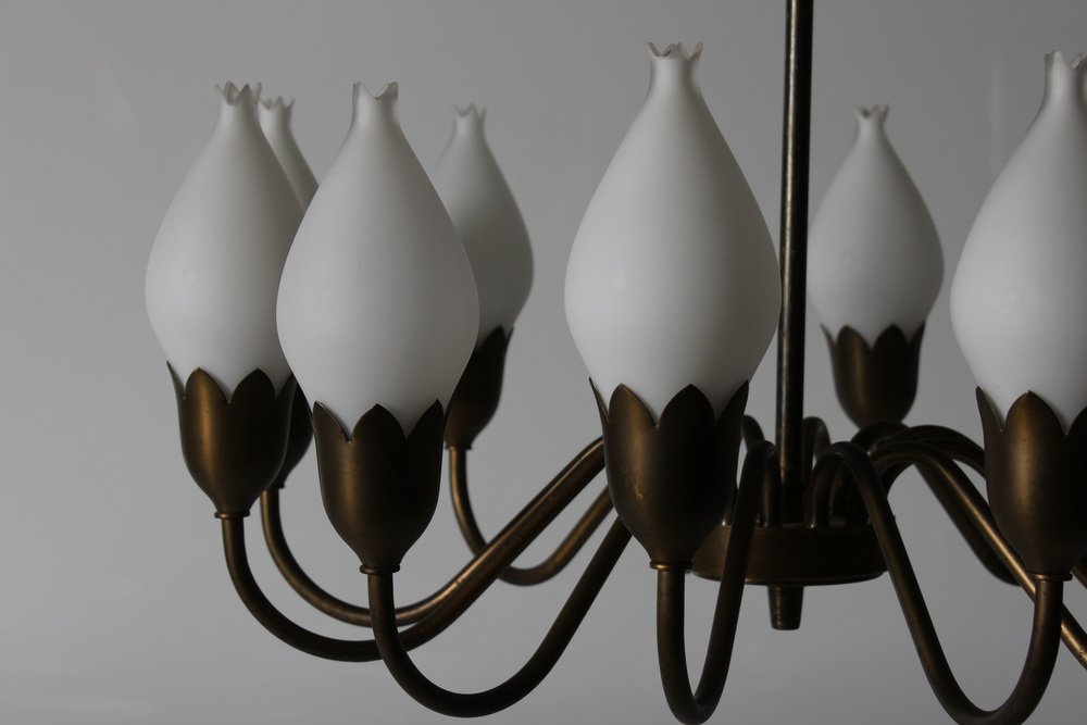 12-Armed Tulip Chandelier in Brass & Hand-Blown Glass from Fog & Mørup, Denmark, 1950s