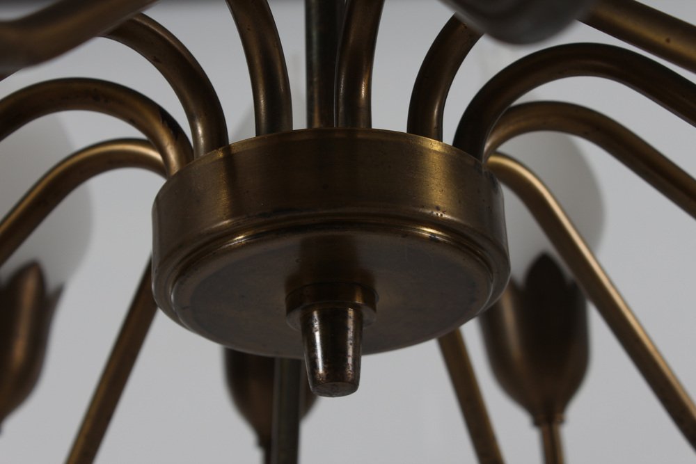 12-Armed Tulip Chandelier in Brass & Hand-Blown Glass from Fog & Mørup, Denmark, 1950s