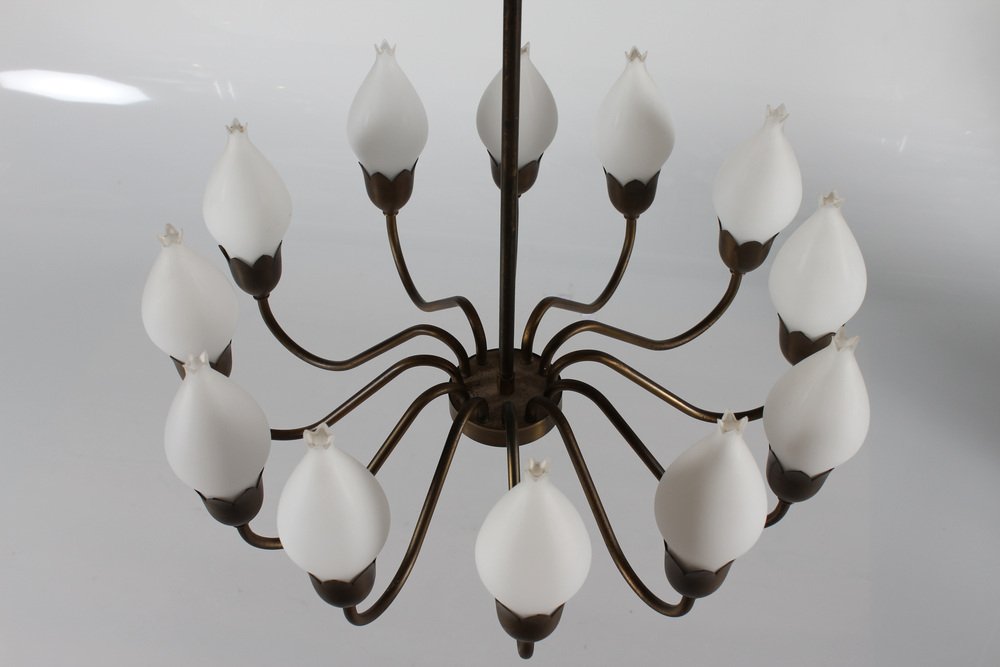 12-Armed Tulip Chandelier in Brass & Hand-Blown Glass from Fog & Mørup, Denmark, 1950s