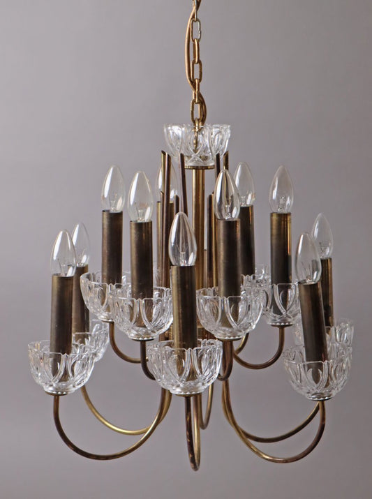 12 Flame Chandelier in Brass and Lead Crystal, 1960s