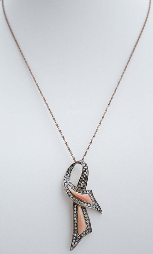 14 Karat Rose Gold and Silver Pendant Necklace with Coral and Diamonds