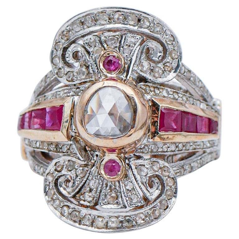 14 Karat Rose Gold and Silver Ring with Rubies and Diamonds