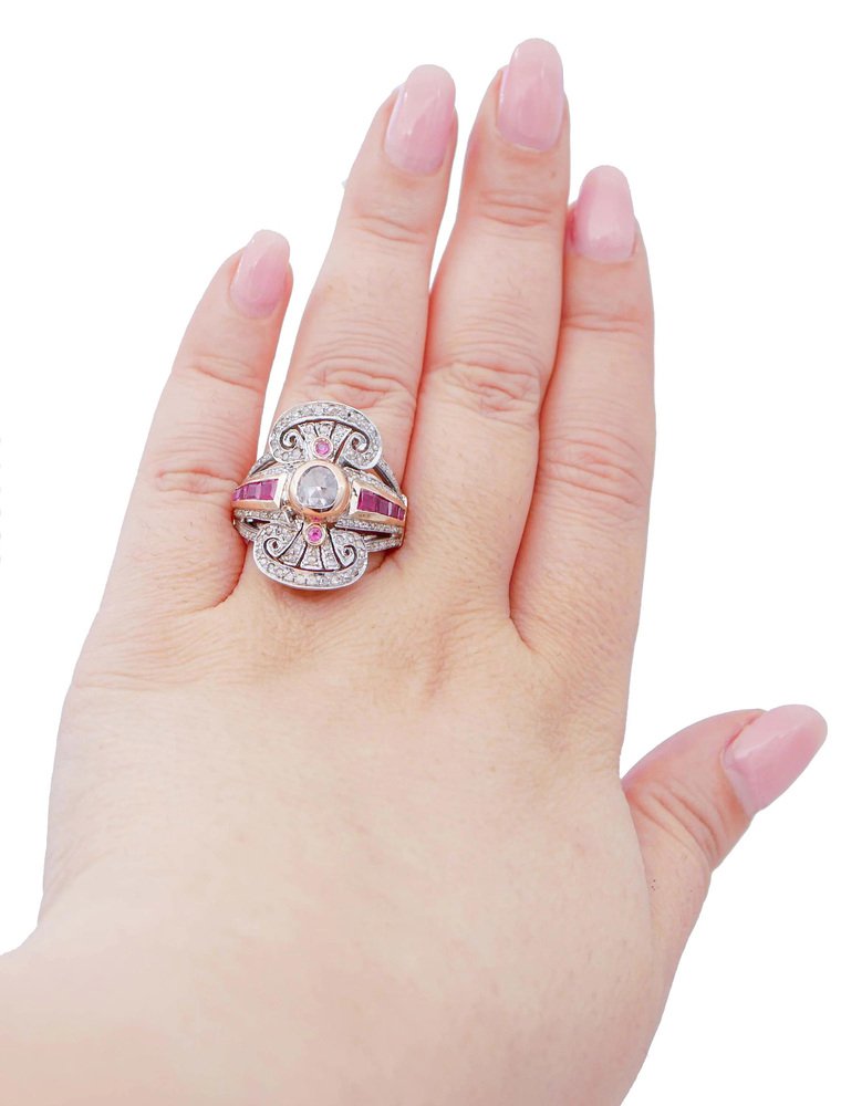 14 Karat Rose Gold and Silver Ring with Rubies and Diamonds