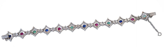 14 Karat White Gold Bracelet with Emeralds, Rubies, Sapphires & Diamonds