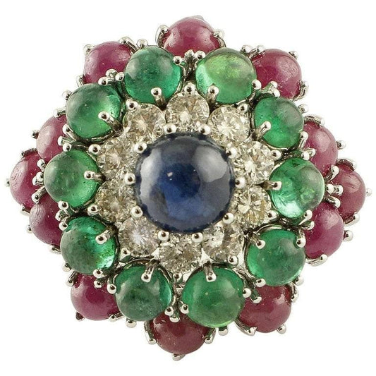 14 Karat White Gold Cluster Ring With Blue Sapphire, Diamonds, Emeralds & Rubies