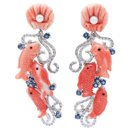 14 Karat White Gold Coral Diamonds Blue Sapphires Pearls Dangle Earrings, Set of 2