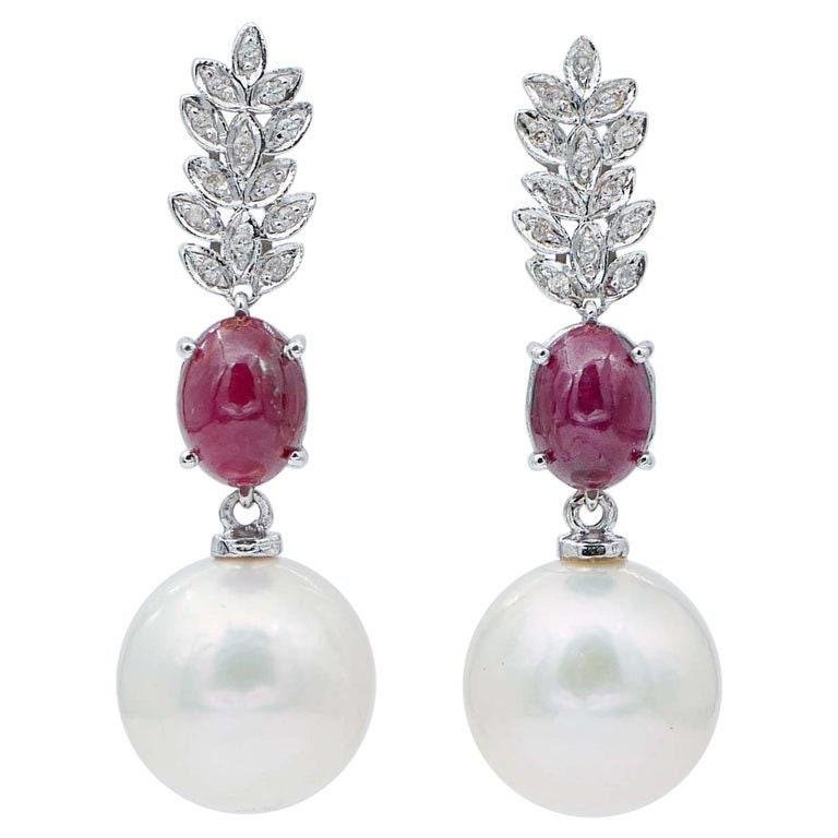 14 Karat White Gold Dangle Earrings with White Pearls, Rubies and Diamonds, Set of 2