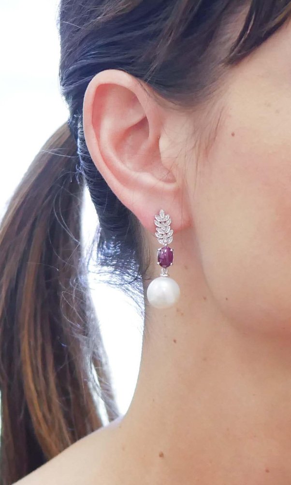 14 Karat White Gold Dangle Earrings with White Pearls, Rubies and Diamonds, Set of 2