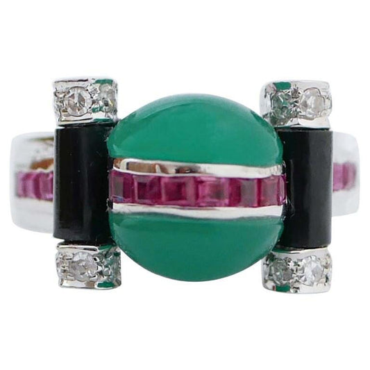 14 Karat White Gold Ring in Green Agate, Onyx, Rubies, Diamonds