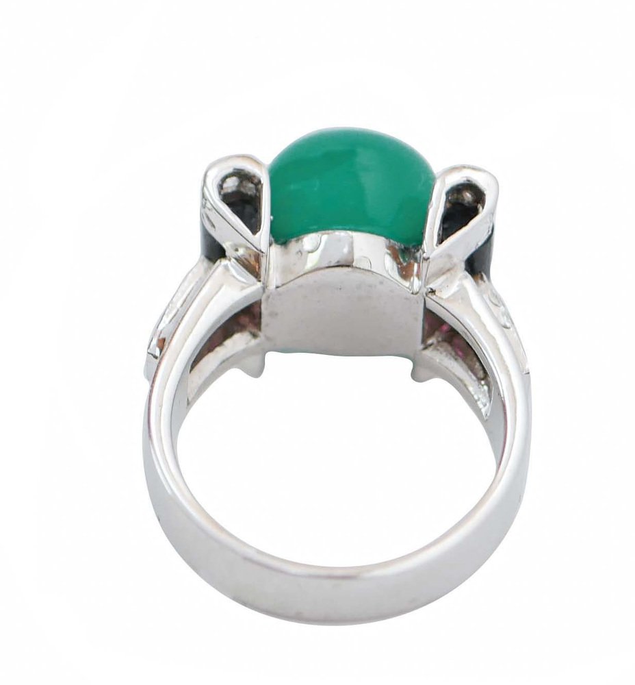 14 Karat White Gold Ring in Green Agate, Onyx, Rubies, Diamonds