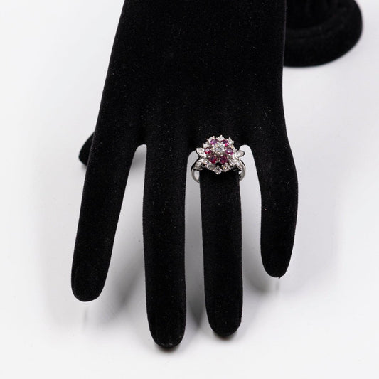 14 Karat White Gold Ring with Diamonds and Rubies, 1960s