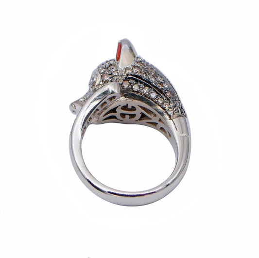 14 Karat White Gold Wolf Ring with Coral and Brown Diamonds