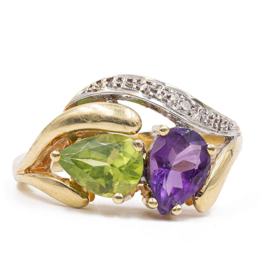 14 Karat Yellow Gold Ring with Amethyst, Peridot and Diamond, 1970s