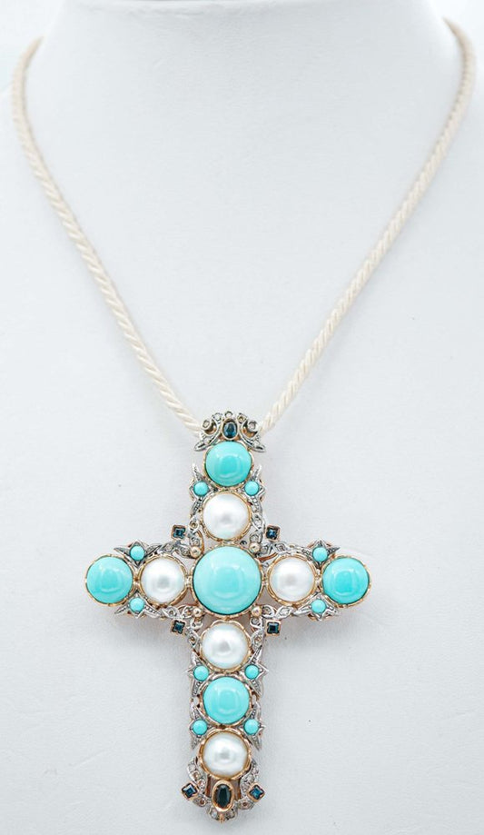 14 Kt Gold and Silver Cross Pendant with Diamonds, Sapphires and Turquoise, 1950s