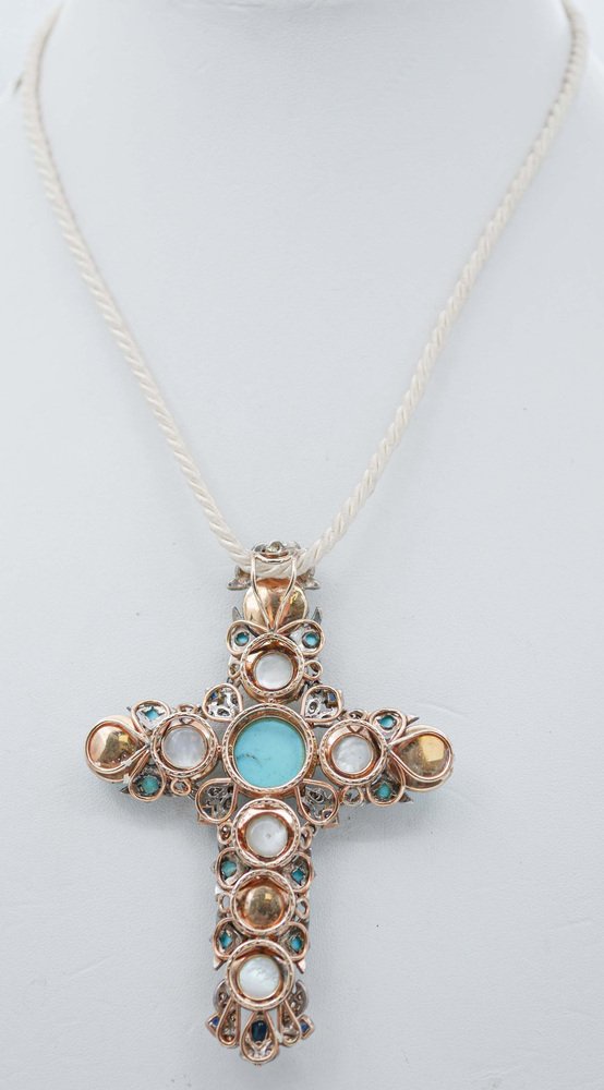 14 Kt Gold and Silver Cross Pendant with Diamonds, Sapphires and Turquoise, 1950s