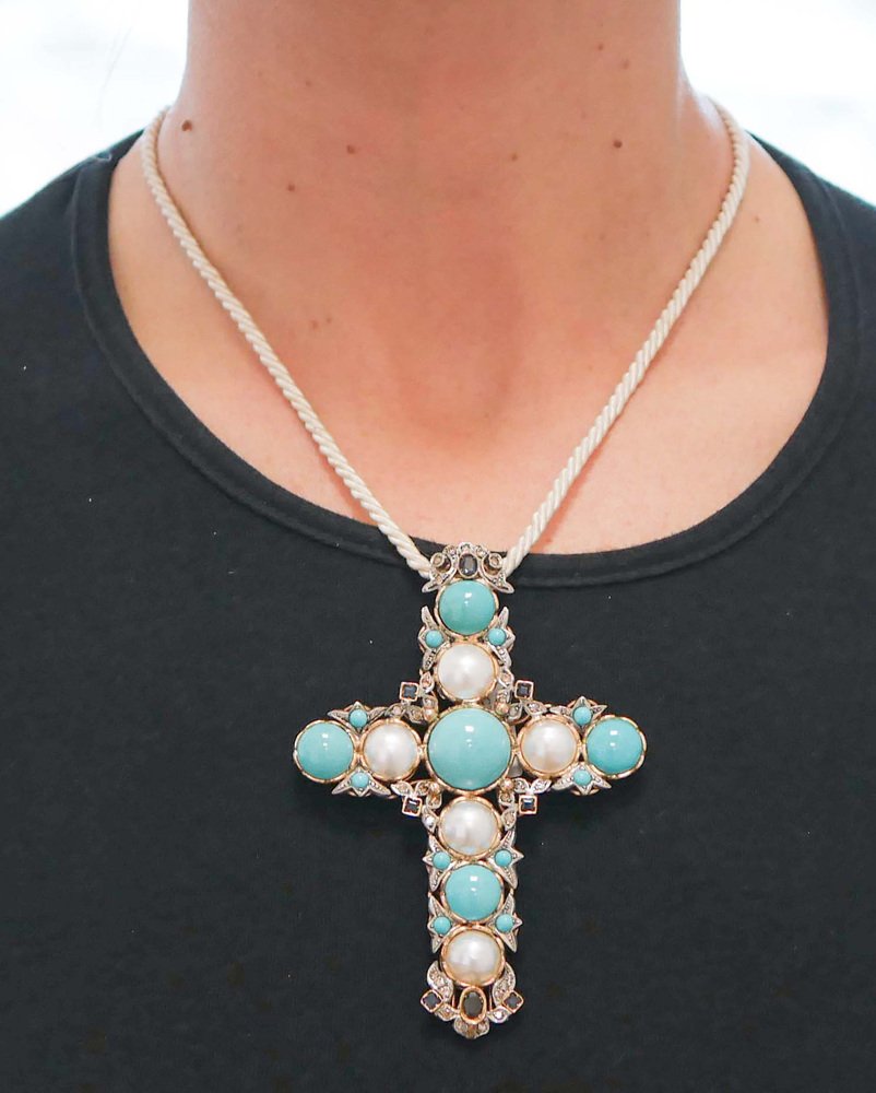 14 Kt Gold and Silver Cross Pendant with Diamonds, Sapphires and Turquoise, 1950s