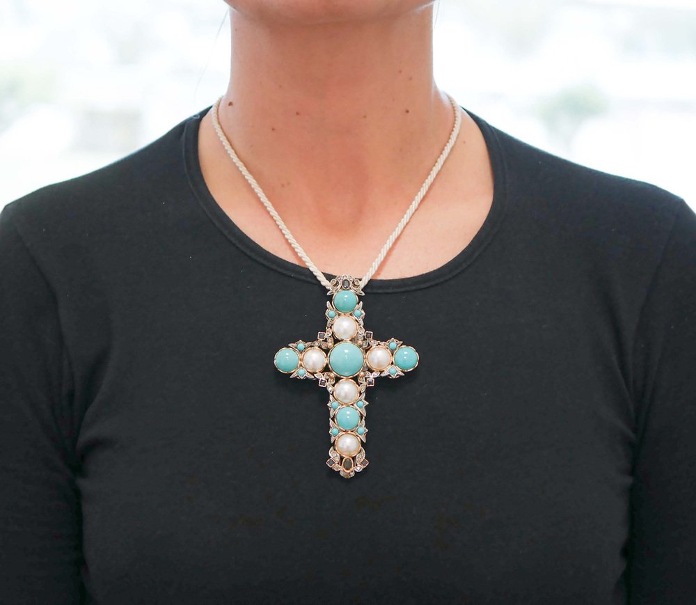 14 Kt Gold and Silver Cross Pendant with Diamonds, Sapphires and Turquoise, 1950s