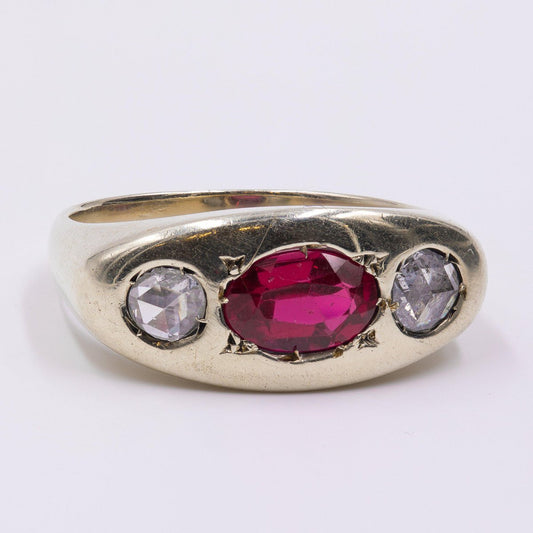 14K Gold Mens Ring with Ruby ​​and Side Rosette Cut Diamonds, 1960s