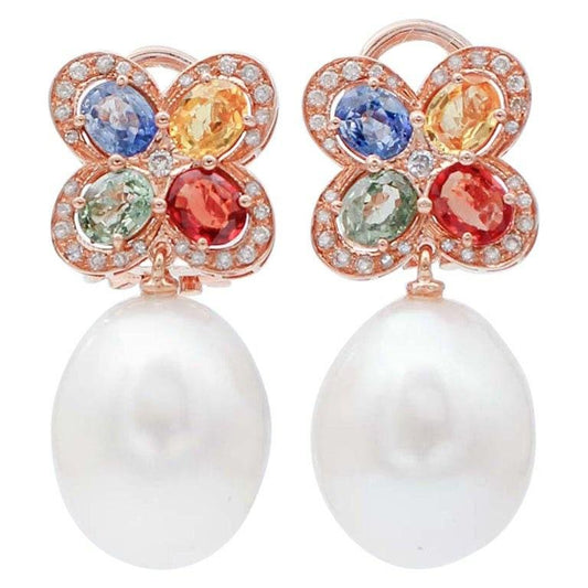 14K Rose Gold Earrings with White Pearls Sapphires and Diamonds