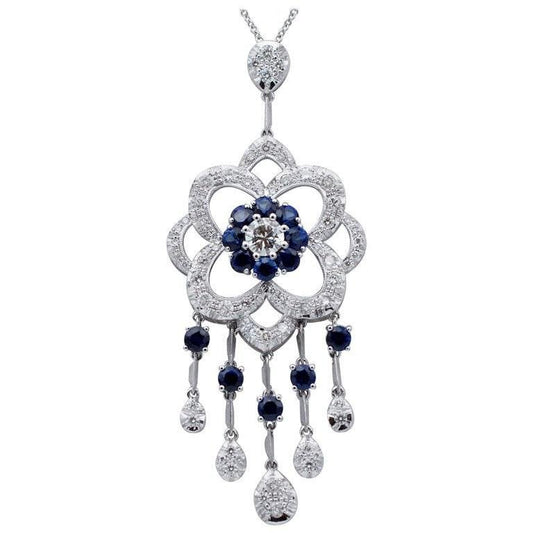 14k White Gold Pendant Necklace with Diamonds and Blue Sapphires