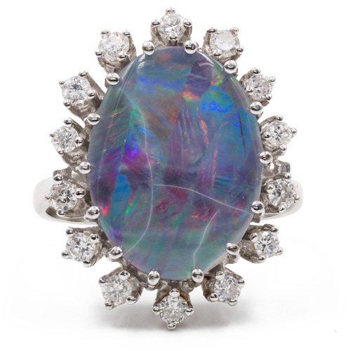 14k White Gold Triplet Opal and Diamond Daisy Ring