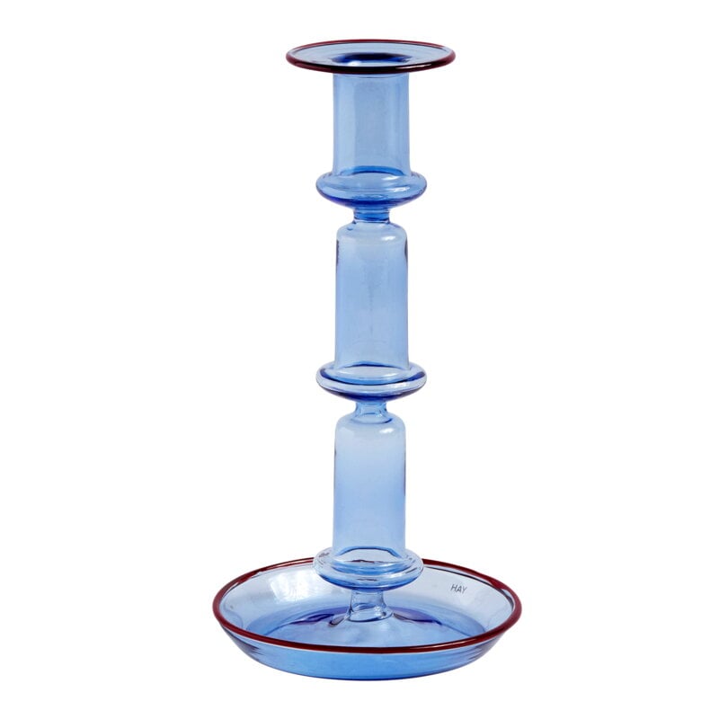 Flare candleholder by HAY #tall, light blue with red rim #