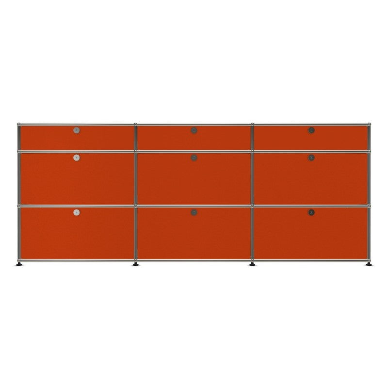 3x3 Modular Metal Sideboard with 9 doors [W(750+750+750)XD350XH(350+350+175)] by Usm #Pure Orange [RAL 2004]