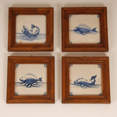 17th Century Baroque Framed Sea Creatures Monsters Tiles in Blue and White from Royal Delft, Set of 4-GOE-1814598