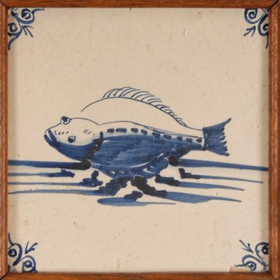 17th Century Baroque Framed Sea Creatures Monsters Tiles in Blue and White from Royal Delft, Set of 4-GOE-1814598