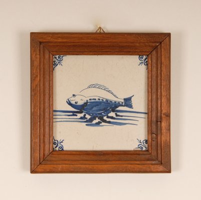 17th Century Baroque Framed Sea Creatures Monsters Tiles in Blue and White from Royal Delft, Set of 4-GOE-1814598