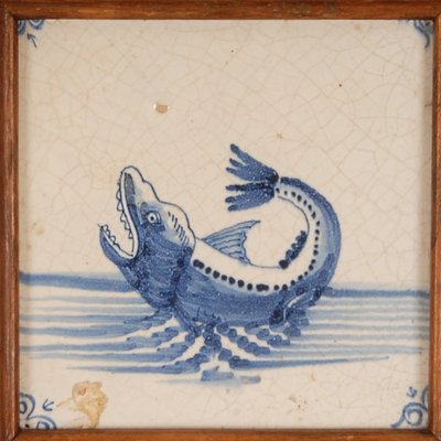 17th Century Baroque Framed Sea Creatures Monsters Tiles in Blue and White from Royal Delft, Set of 4-GOE-1814598