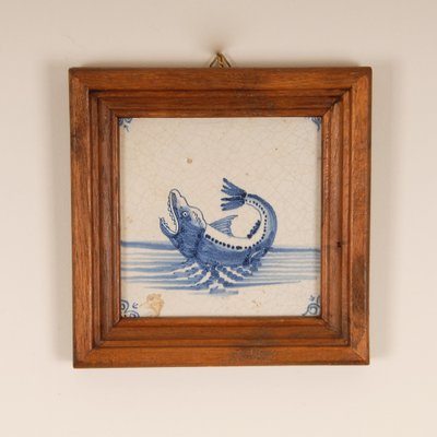 17th Century Baroque Framed Sea Creatures Monsters Tiles in Blue and White from Royal Delft, Set of 4-GOE-1814598