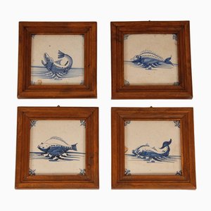 17th Century Baroque Framed Sea Creatures Monsters Tiles in Blue and White from Royal Delft, Set of 4-GOE-1814598