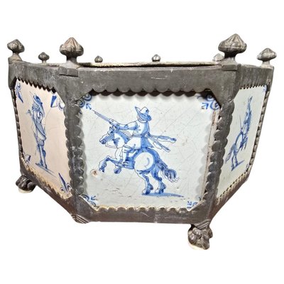 17th Century Delft Tile Flower Pot with Tin Hexagonal Frame, 1650-FDW-2039598