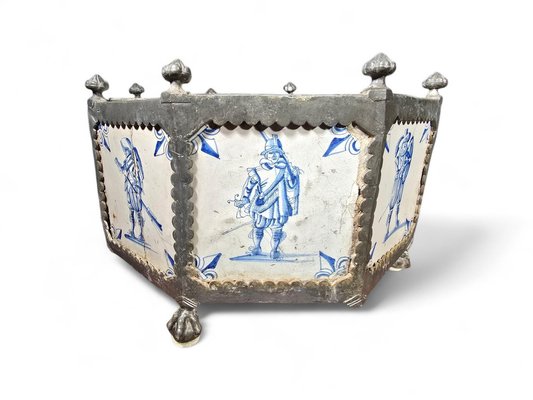 17th Century Delft Tile Flower Pot with Tin Hexagonal Frame, 1650-FDW-2039598