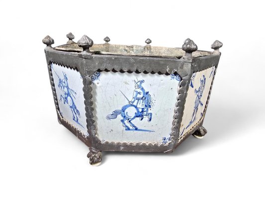 17th Century Delft Tile Flower Pot with Tin Hexagonal Frame, 1650-FDW-2039598