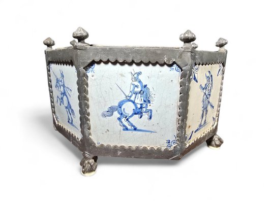 17th Century Delft Tile Flower Pot with Tin Hexagonal Frame, 1650-FDW-2039598