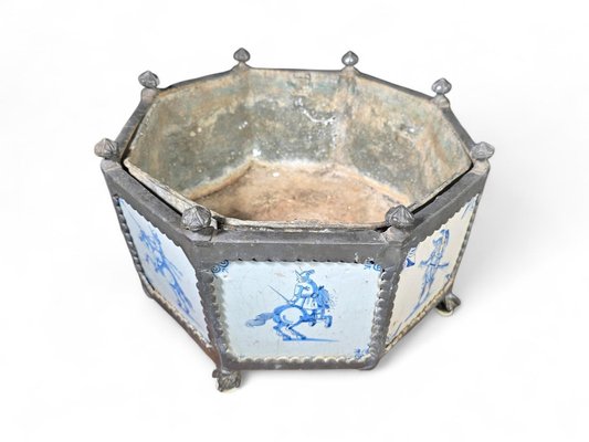 17th Century Delft Tile Flower Pot with Tin Hexagonal Frame, 1650-FDW-2039598