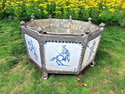 17th Century Delft Tile Flower Pot with Tin Hexagonal Frame, 1650-FDW-2039598