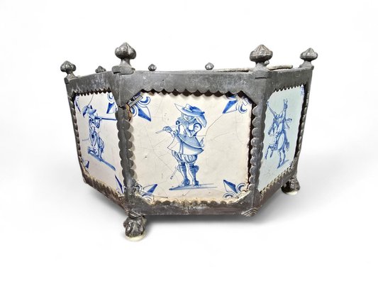 17th Century Delft Tile Flower Pot with Tin Hexagonal Frame, 1650-FDW-2039598