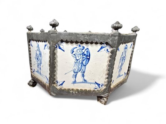 17th Century Delft Tile Flower Pot with Tin Hexagonal Frame, 1650-FDW-2039598