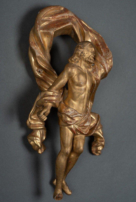 17th Century Resurrected Christ in Gilded Polychrome Carved Wood with Leaf