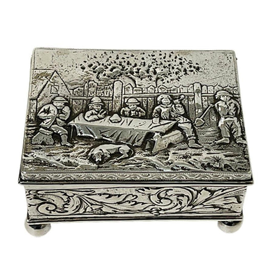 17th Century Silver Box with Scene of 5 Men Drinking by Simon Rosenau