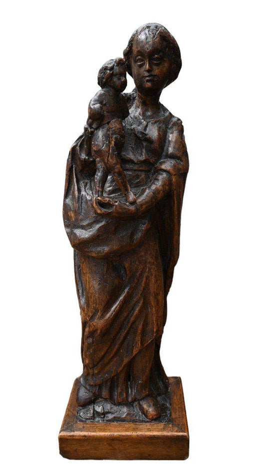 17th Century Virgin and Child Carved in Walnut Wood